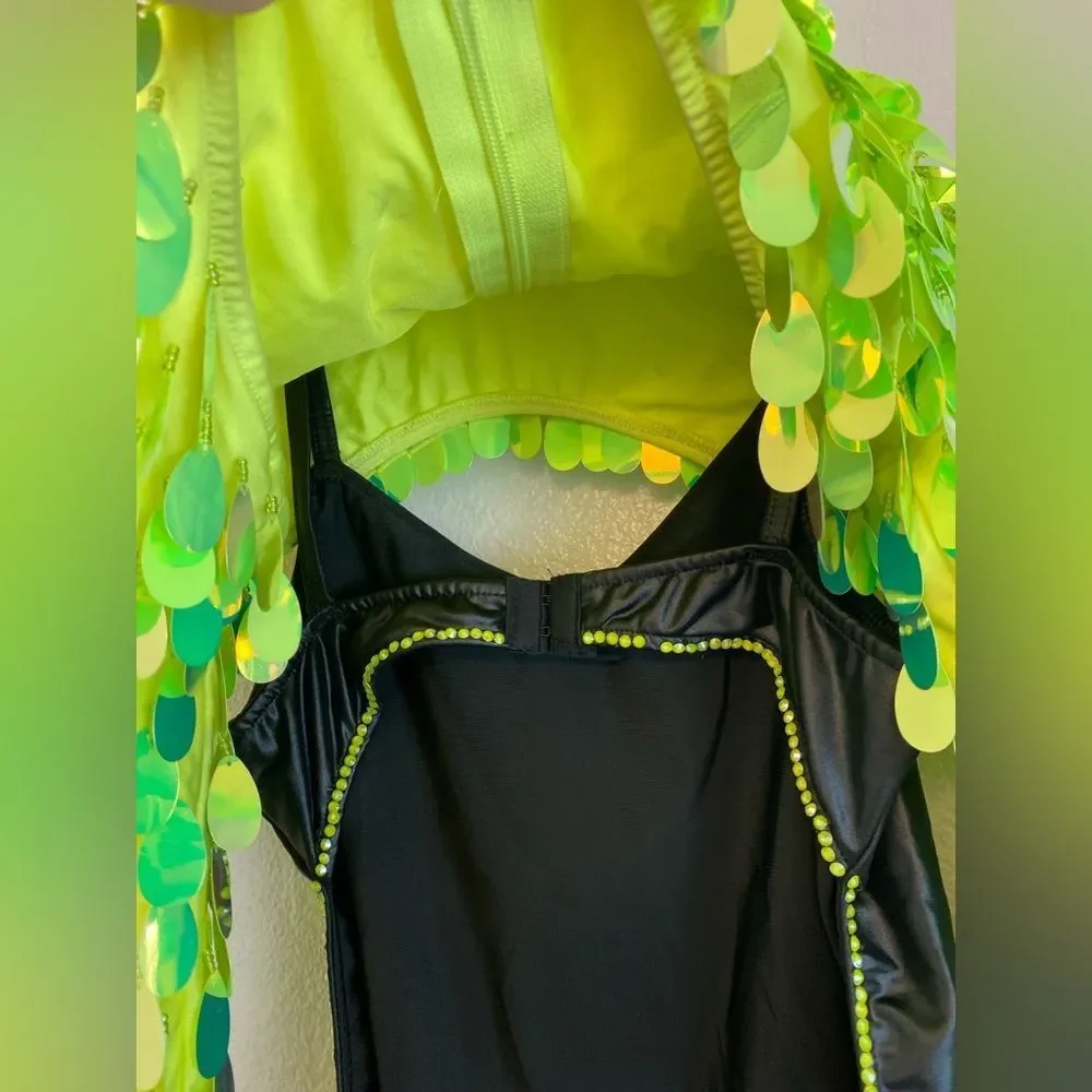 Glamour dance costume neon green leotard black green shrug fringe bling LA adult